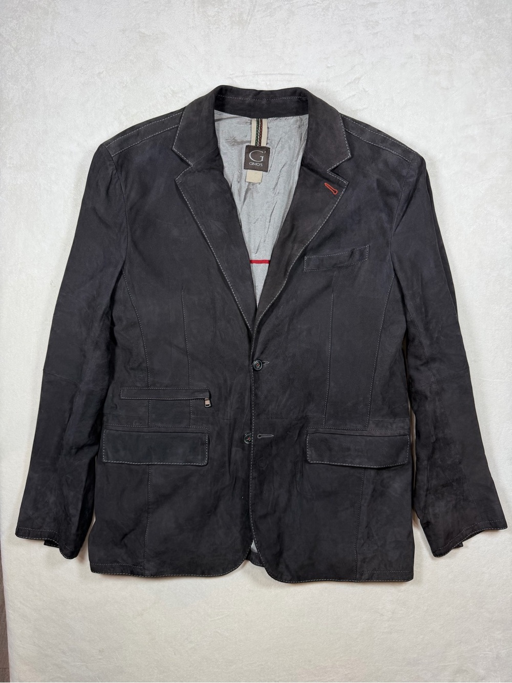 Gimo’s Large Dark Suede Blazer Contrast Stitching Made in Italy 100% Leather EUC